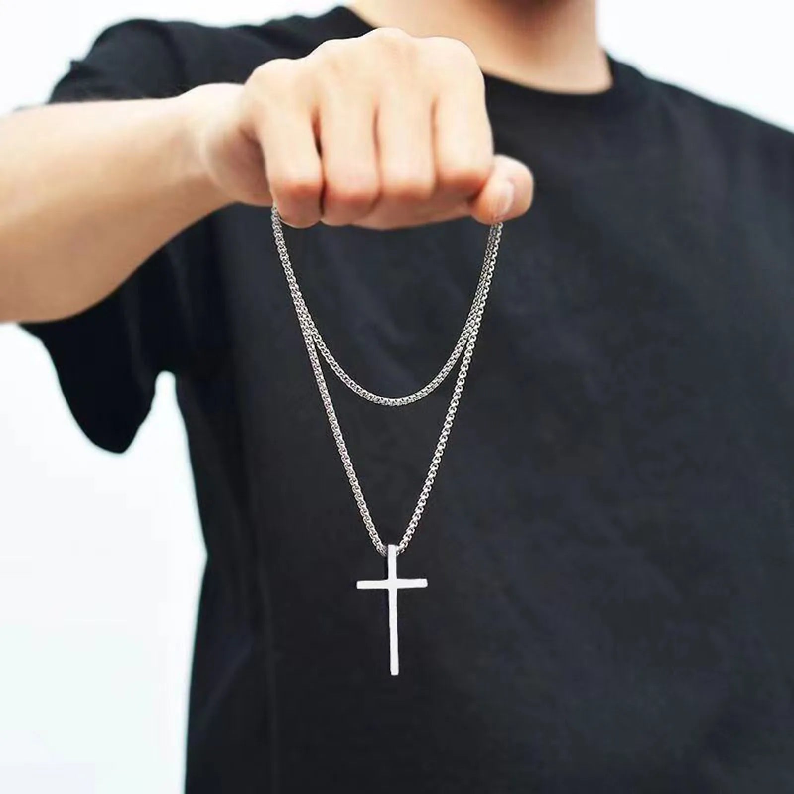 Vnox Cross Necklace for Men Women, Silver Color Plain Cross Pendant Collar with Stainless Steel Box Chain 