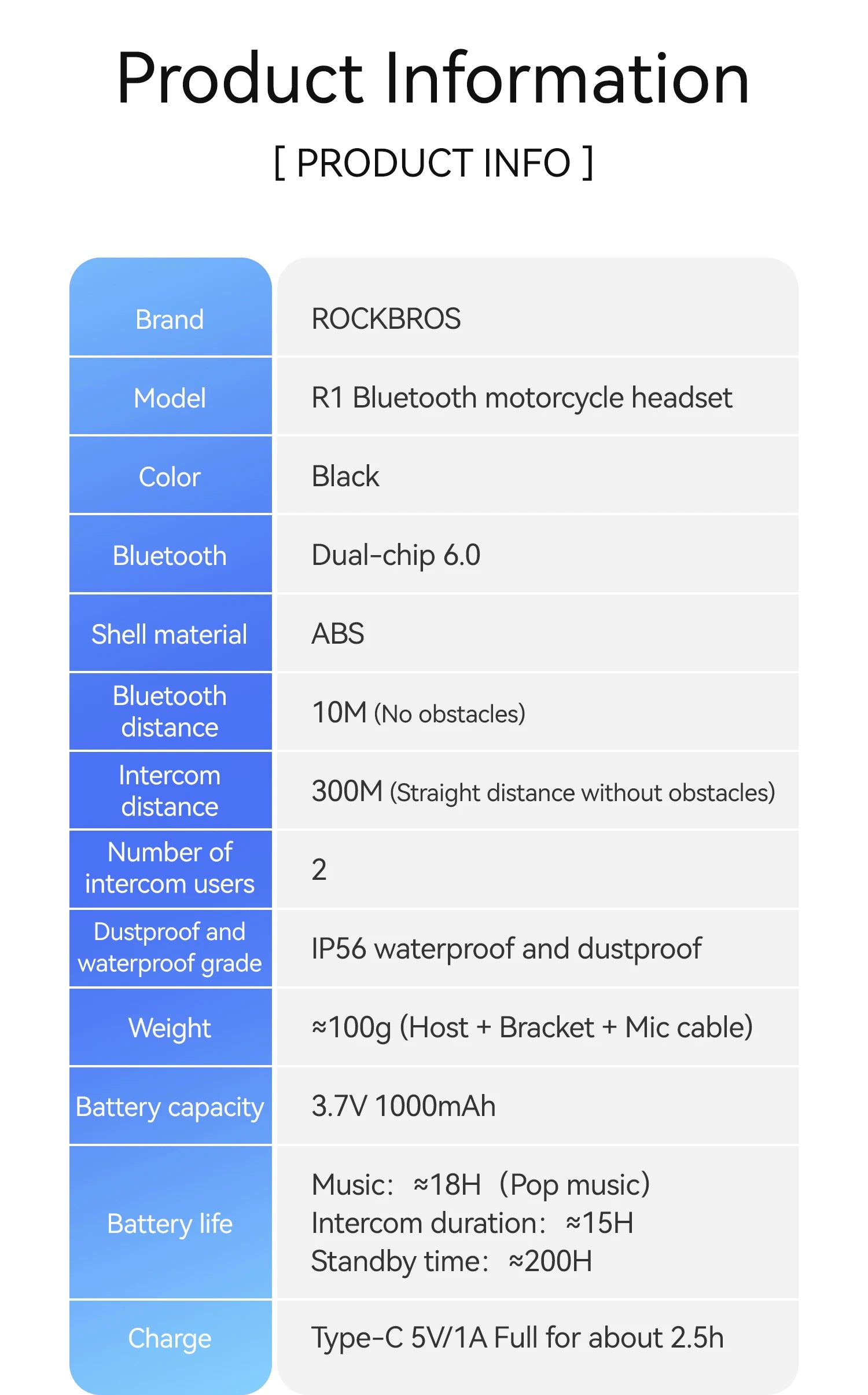 Cască moto ROCKBROS cu interfon impermeabil 300M, BT6.0, căști cu control vocal, baterie 1000mAh