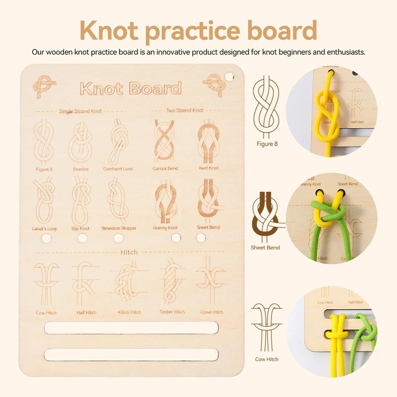 Houten oefenbord voor knopen leggen met touw