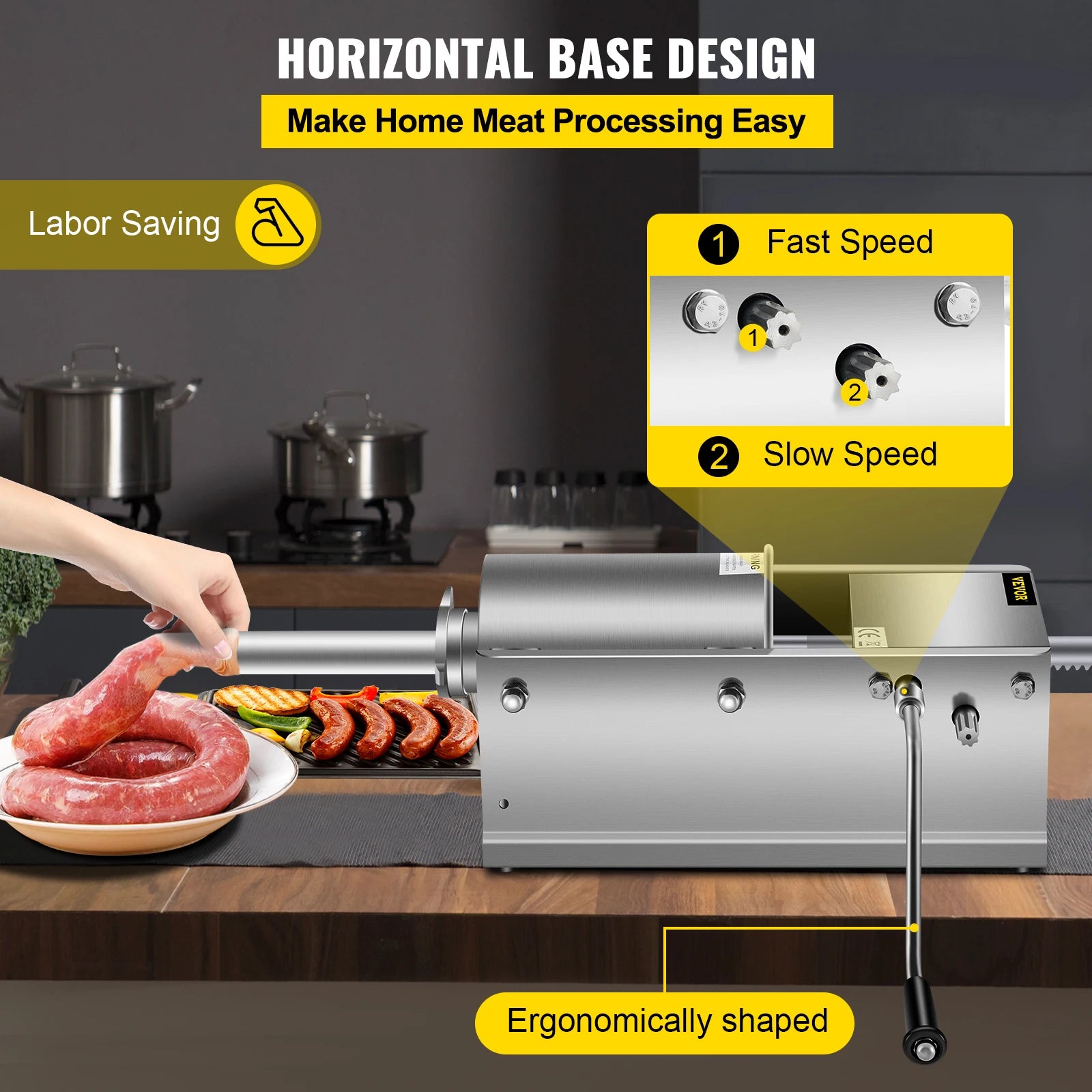 SucceBuy 3L Horizontaler Wurstfüller Manuelle Wurstmaschine aus Edelstahl mit 5 Füllaufsätzen für den Heim- und Gewerbebereich