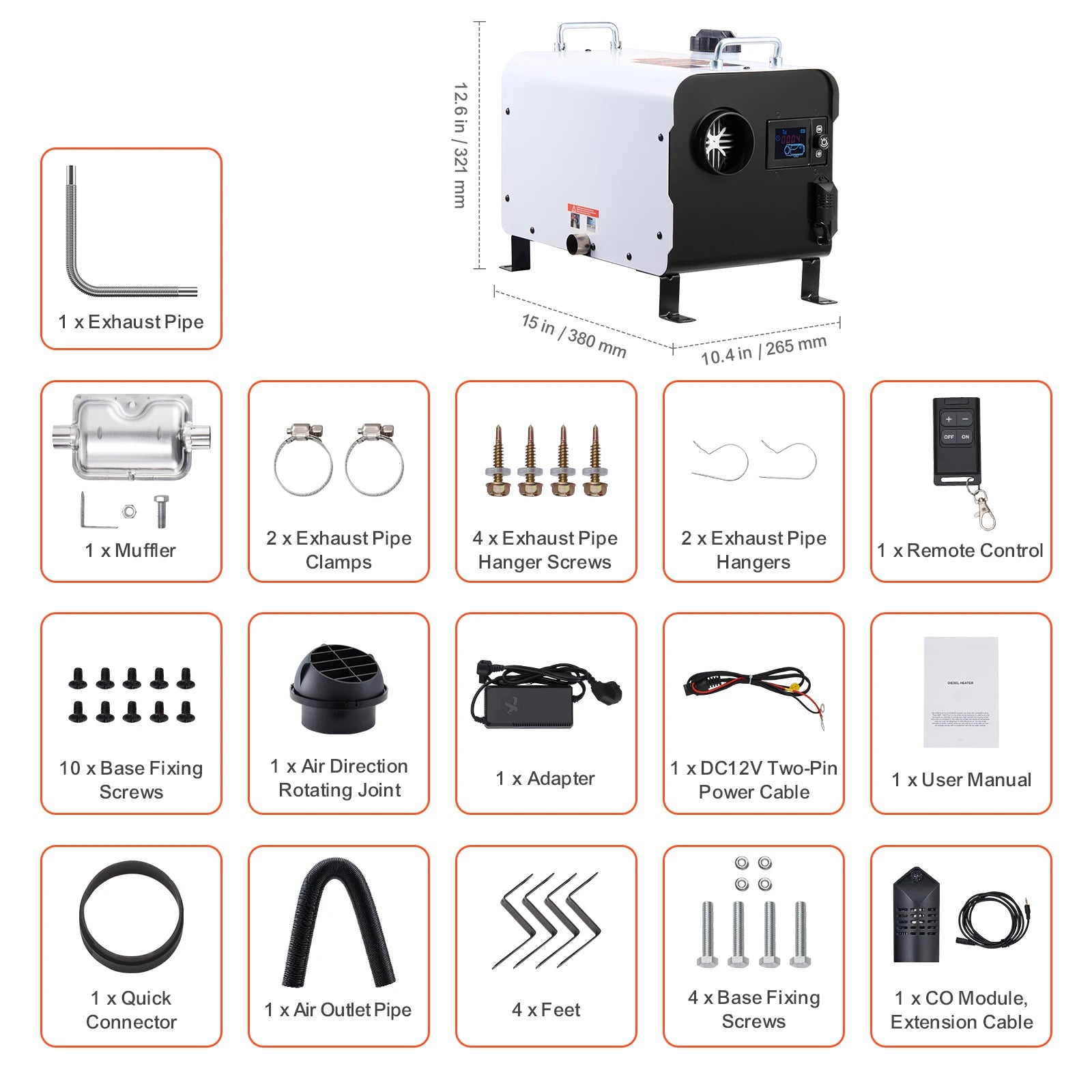 12V/24V diesel luftvarmer med Bluetooth og CO-alarm til campingvogn