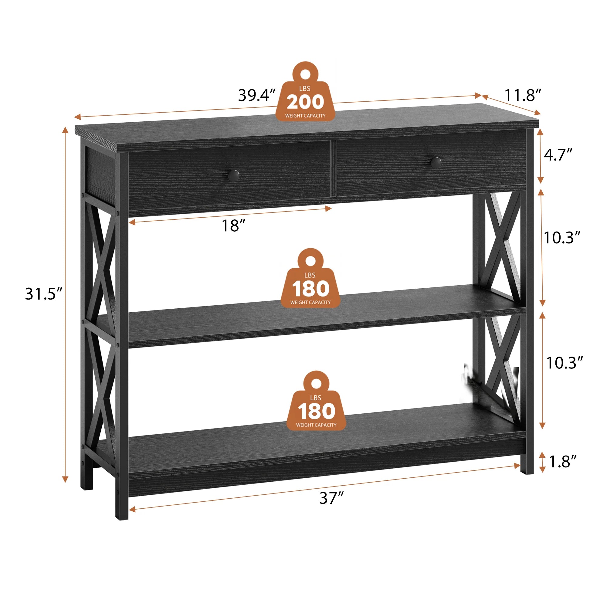 39-Inch Narrow Sofa Table with Shelves for Entryway or Living Room