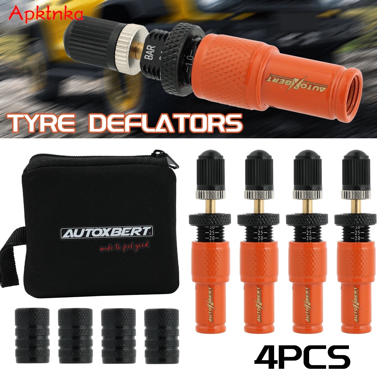 4 X 10-30 PSI Orange Adjustable Auto-Stop Tire Deflator Valve Kit Screw-on Tyre Deflator Tool For Offroad 4x4 Vehicle Accessorie