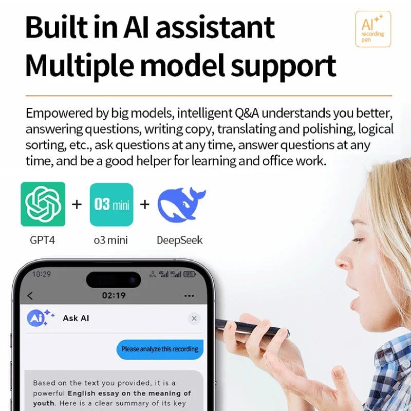 AI ChatGPT Voice Recorder 8-128GB Mini Keychain Magnetic Dictaphone 256GB Intelligent Summarization Real-Time Recording Device
