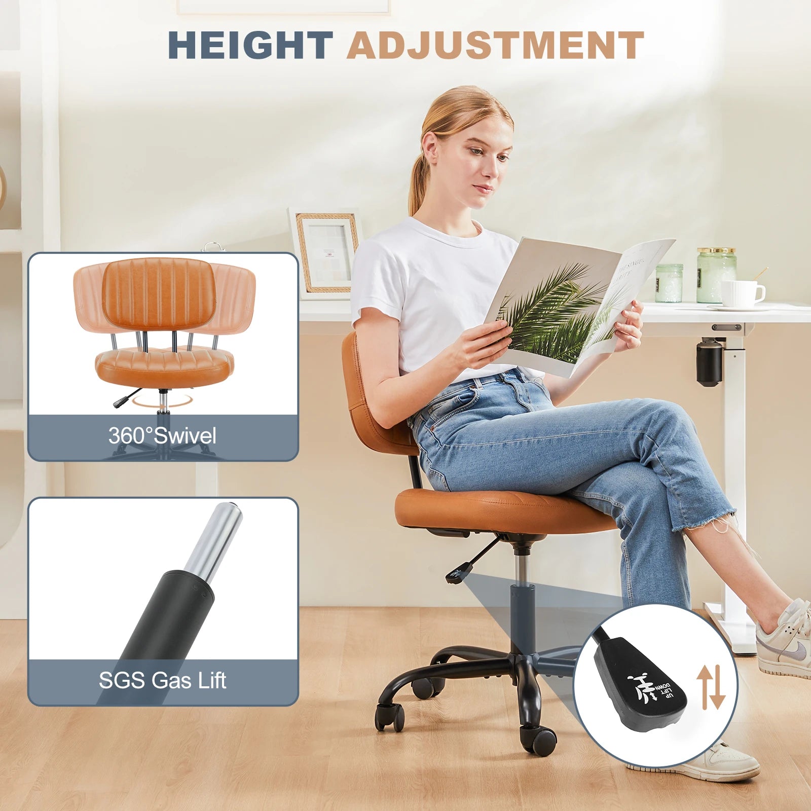 Armless Office Desk Chair with Lumbar Support & Swivel Wheels