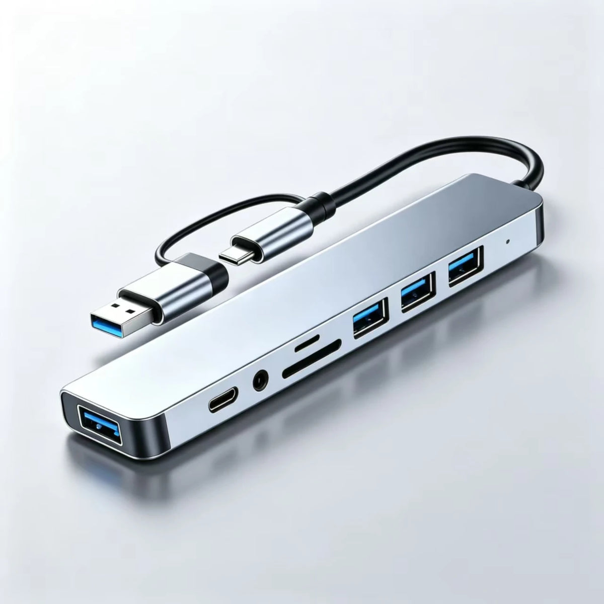 USB-C-hubadapter 8-i-2, USB-C- og USB-A-kontakter med to grensesnitt, dokkingstasjon med flere porter til bærbar PC og stasjonær PC
