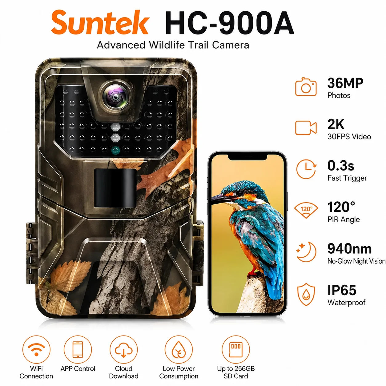 36MP 2K Trail Camera with 120° Detection and No Glow Night Vision