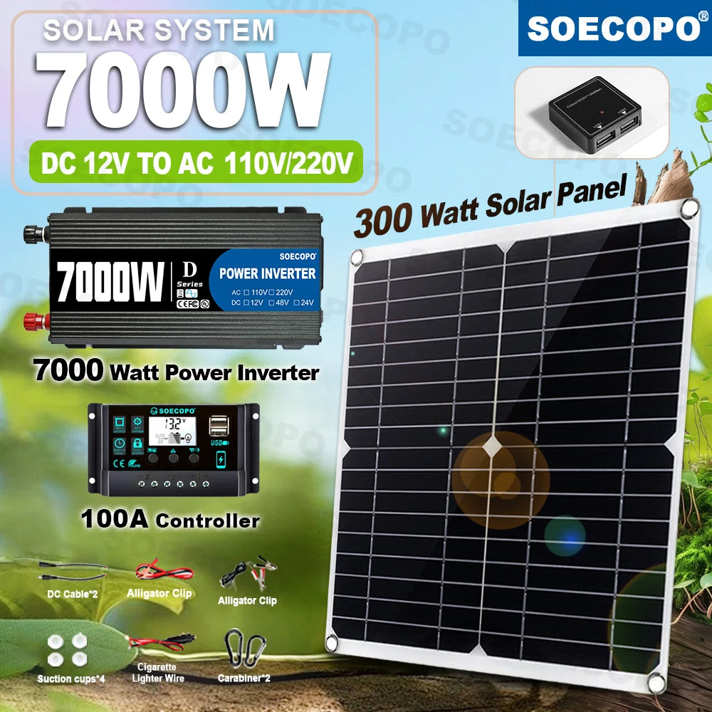 SOECOPO 7000W Solar Power Kit with 100A Controller & 300W Panel Inverter 12V to 110V/220V for Home/Camping/RV/Emergency Backup