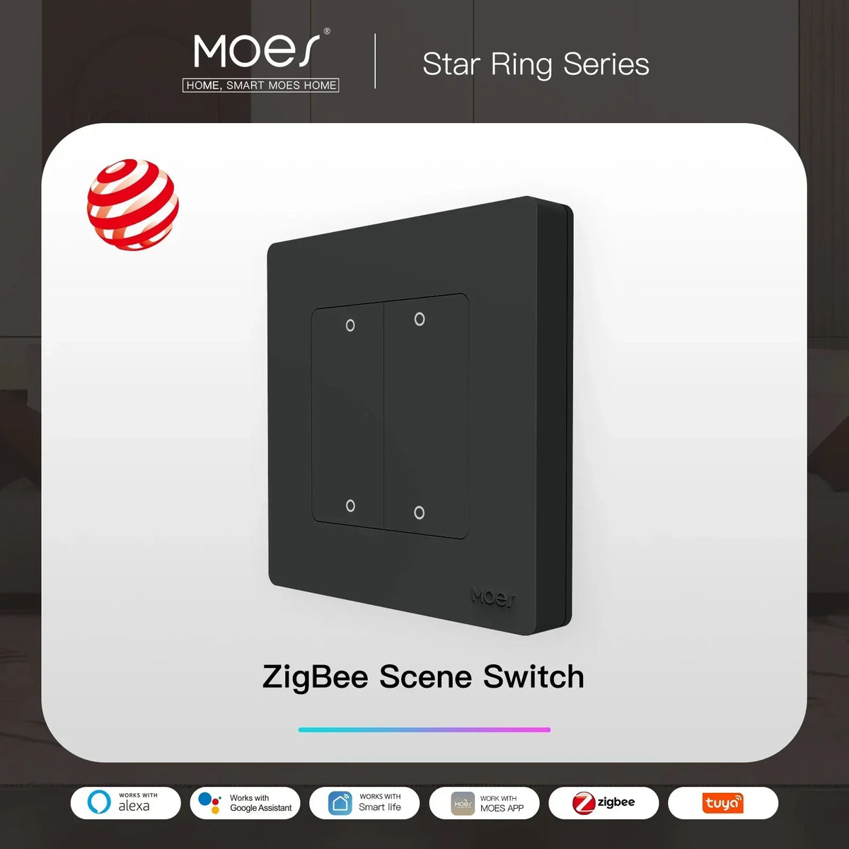 MOES Smart Light Switch Tuya ZigBee Star Ring Series No Neutral Wire No Capacitor Needed Smart Life Works with Alexa Google Home