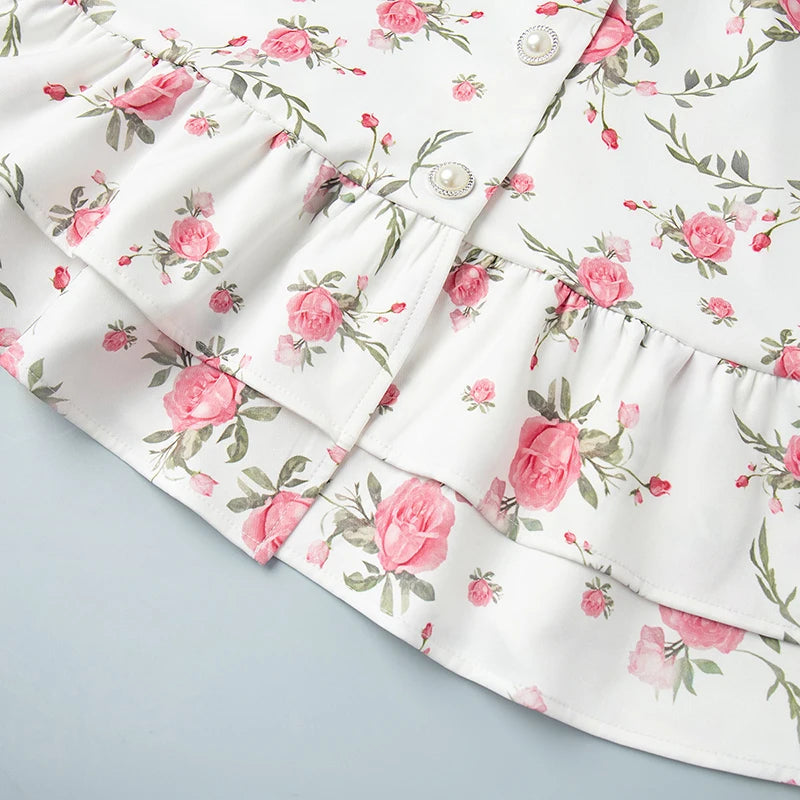 Tornova Print Puff Sleeves Ruffled Dress Women's V-Neck High Waist Pearl Buttons Mini Dress Female Casual Vacation Fashion Dress 