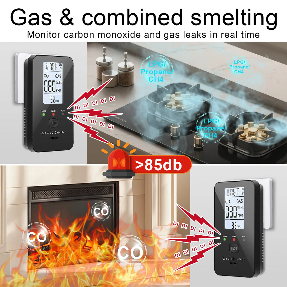 Detector de scurgeri de gaz natural și detectoare de monoxid de carbon, cu detector de gaz natural, propan, CO și scurgeri de gaz, detector de temperatură