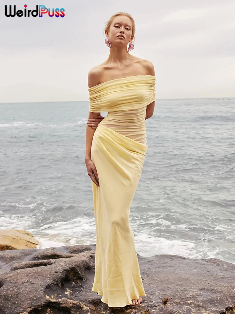 Weird Puss Ruched Irregular Dress Women Mesh Patchwork Slash Neck Short Sleeve Skinny Stretch Trend Elegant Long Bodycon Outfits 