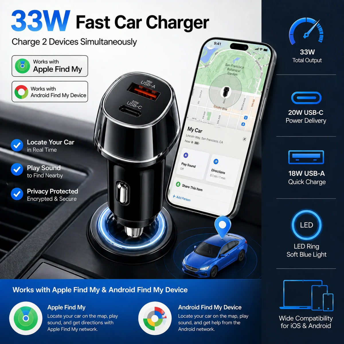 33W Car GPS Locator Tracker with USB Type-C QC3.0 Fast Charging – Works with Apple Find My App, Google & Android