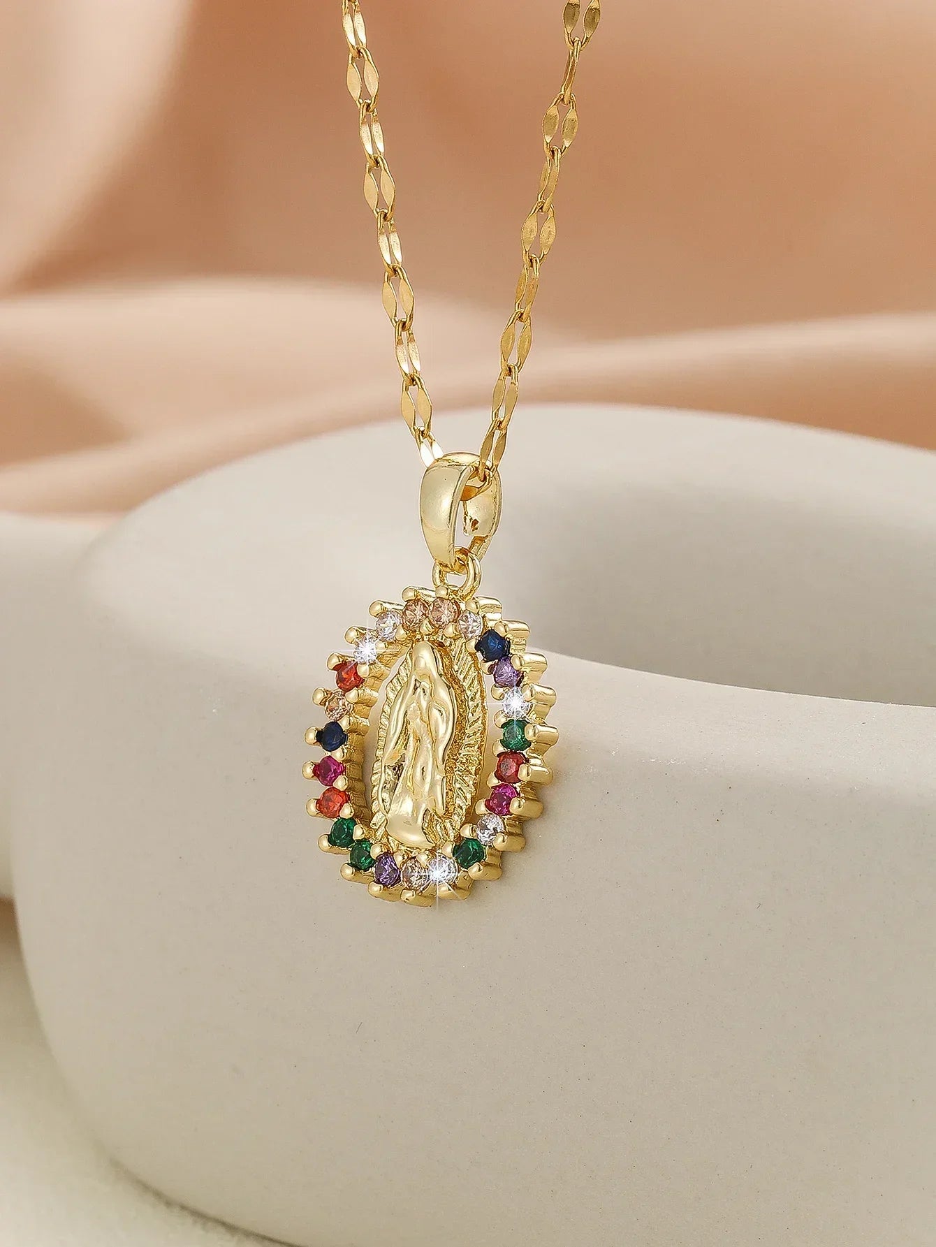 European and American Fashion and Gorgeous Women's All Sky Star Micro Inlaid Colorful Zircon Virgin Mary Hollow Necklace 