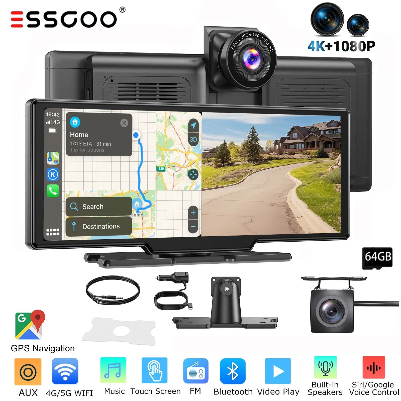 10.26" 4K Dash Cam Car Stereo with Wireless CarPlay