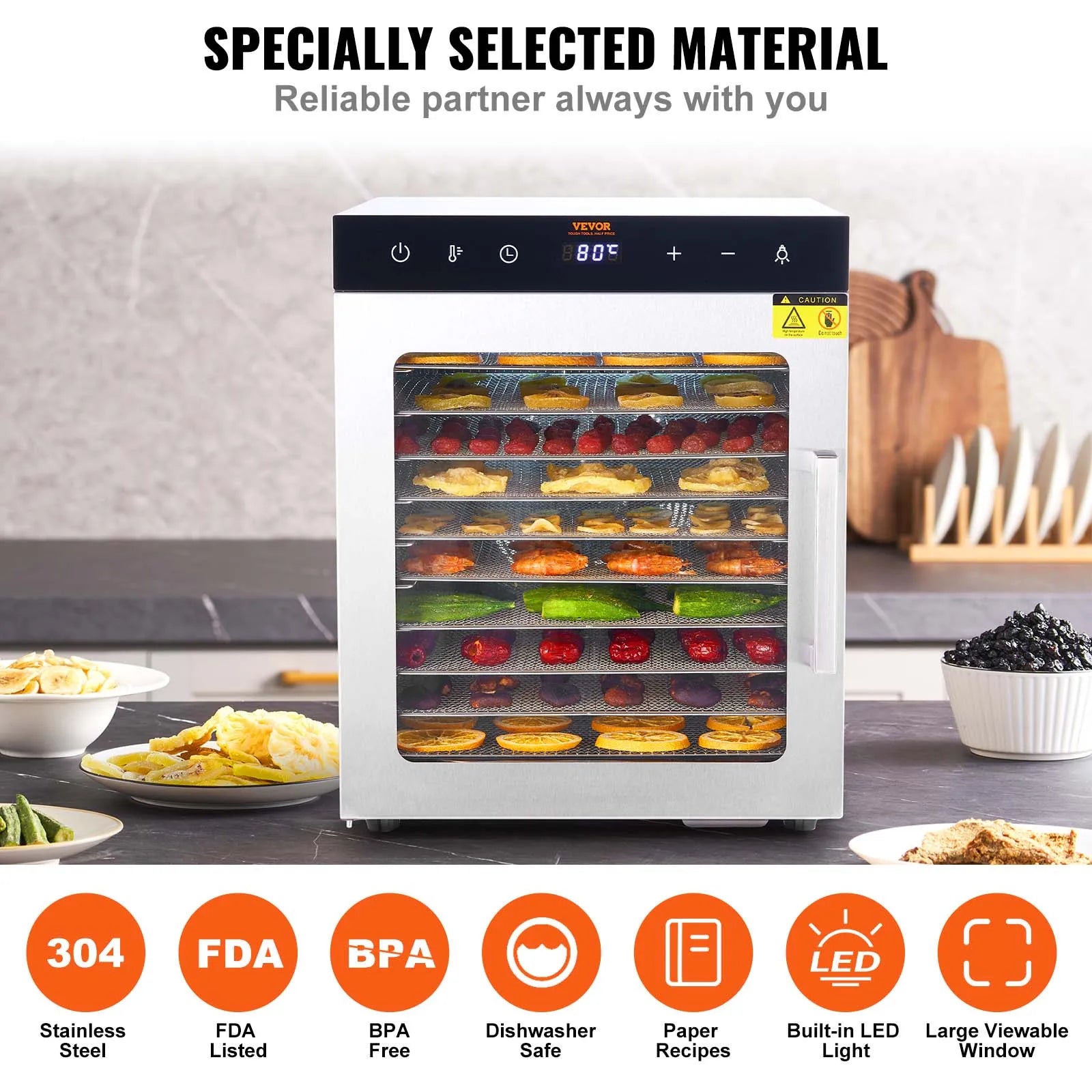 Deshidratador de Alimentos de 10 Bandejas de Acero Inoxidable con Temporizador y Control de Temperatura