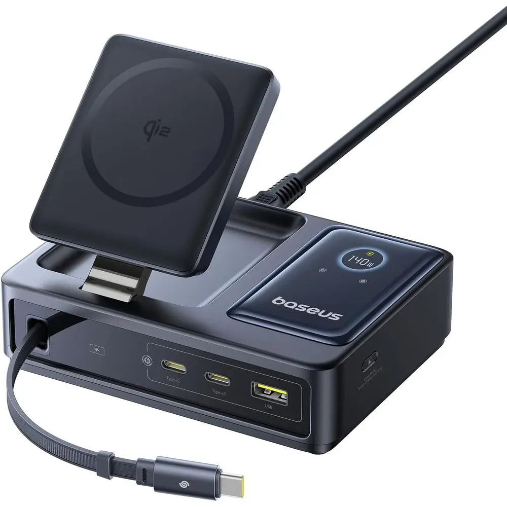 5v1 nabíjecí stanice 140W s Qi2 magnetickým bezdrátovým nabíjením a zatahovacím kabelem