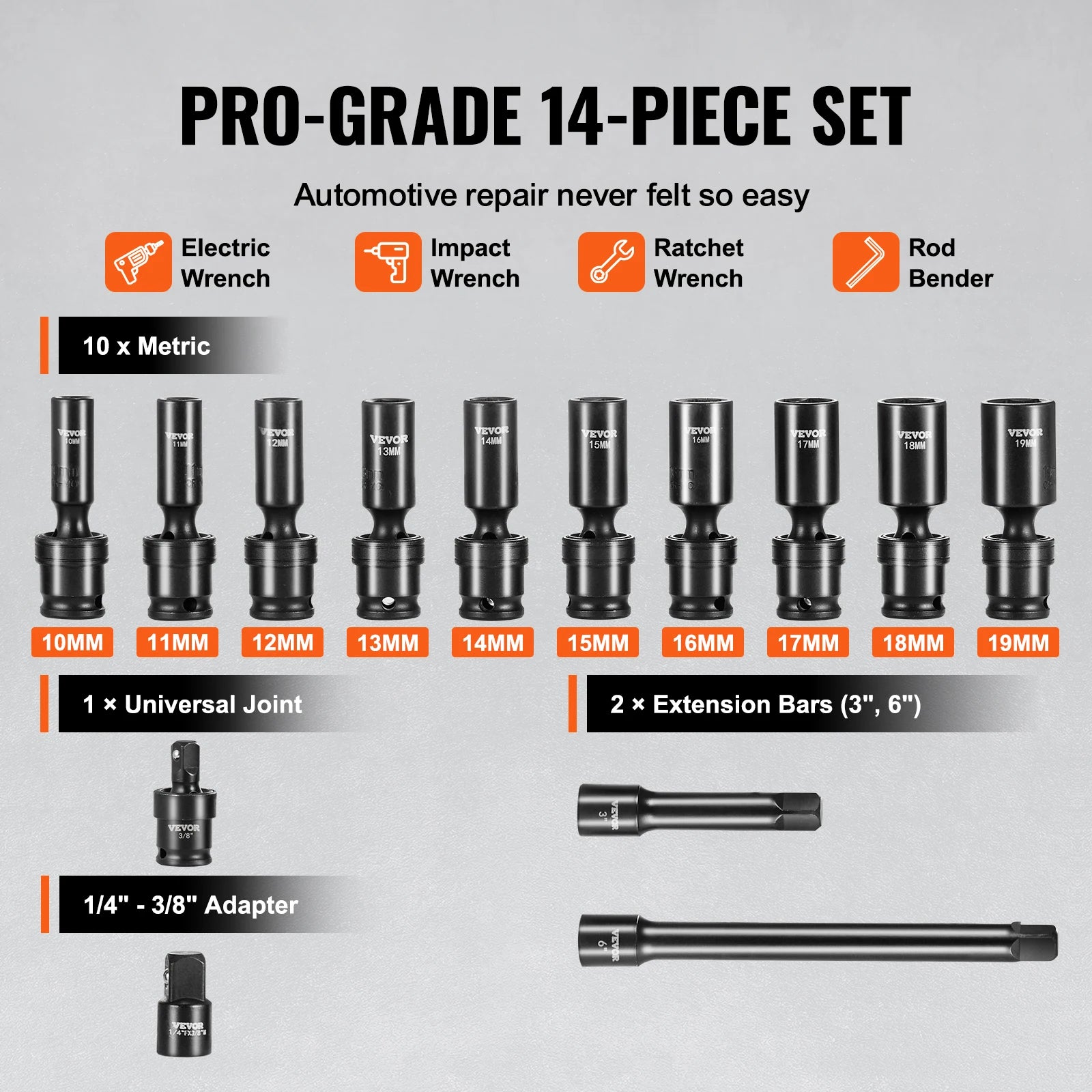 3/8" Draaibare Slagmoersleutelset 14-delig Metrisch 10–19mm Cr-Mo