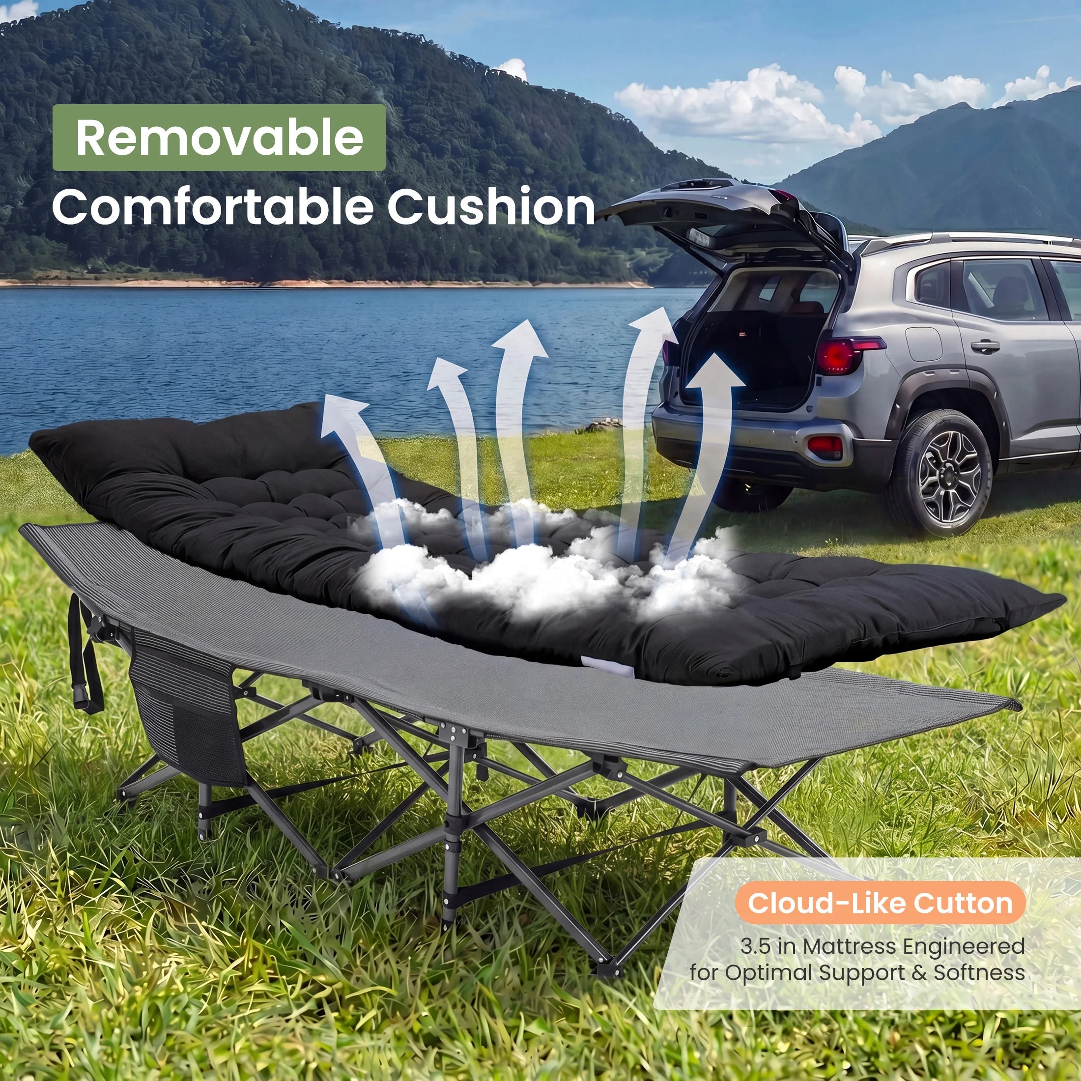 Folding Camping Lounge Chair Bed with Cushion, 440 lbs Support