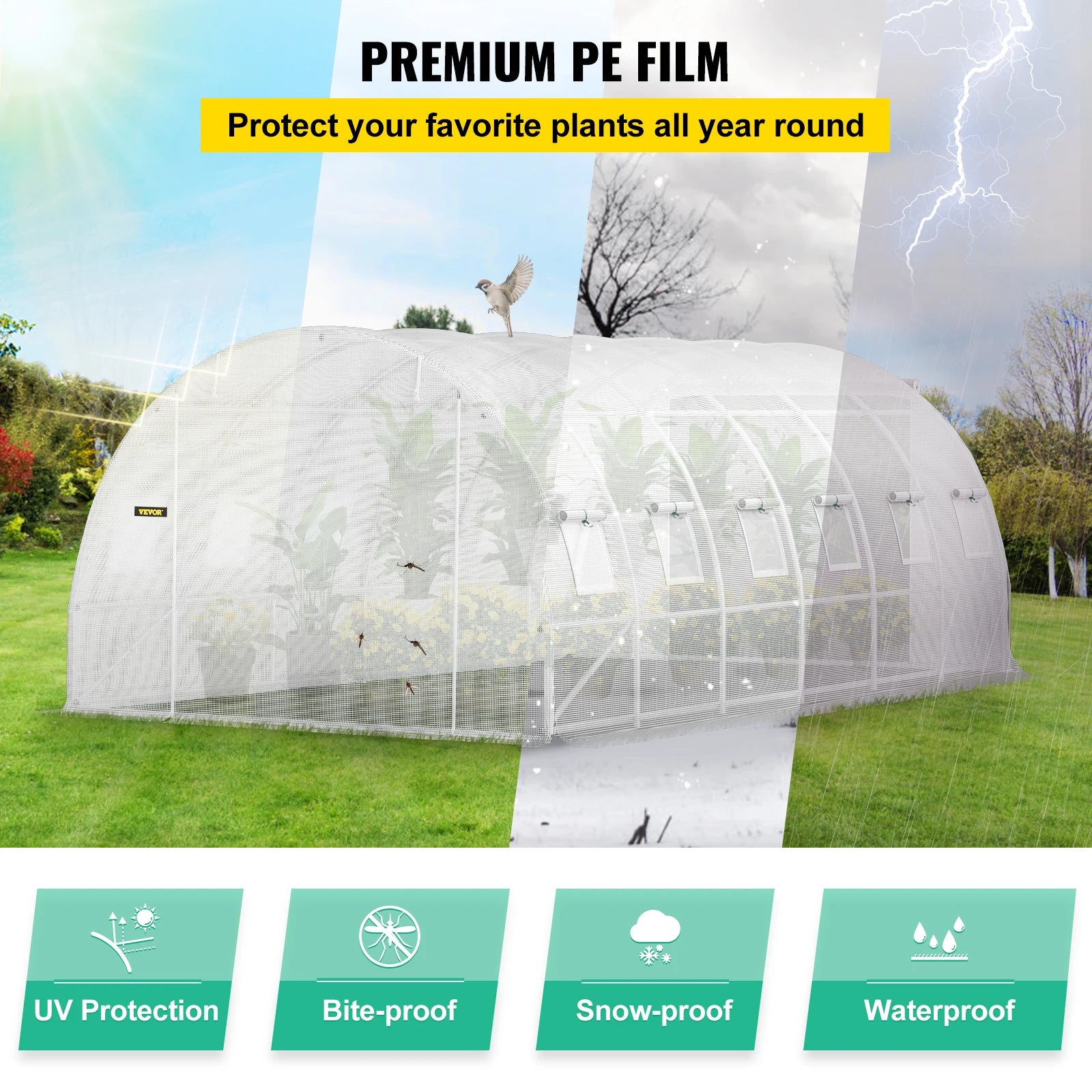 SucceBuy seră tubulară de trecere 20x10x7/15x7x7 ft pentru plante, cu adăpost de tip casă fierbinte, cadrul din oțel galvanizat, 3 brațe superioare și 2 uși cu fermoar