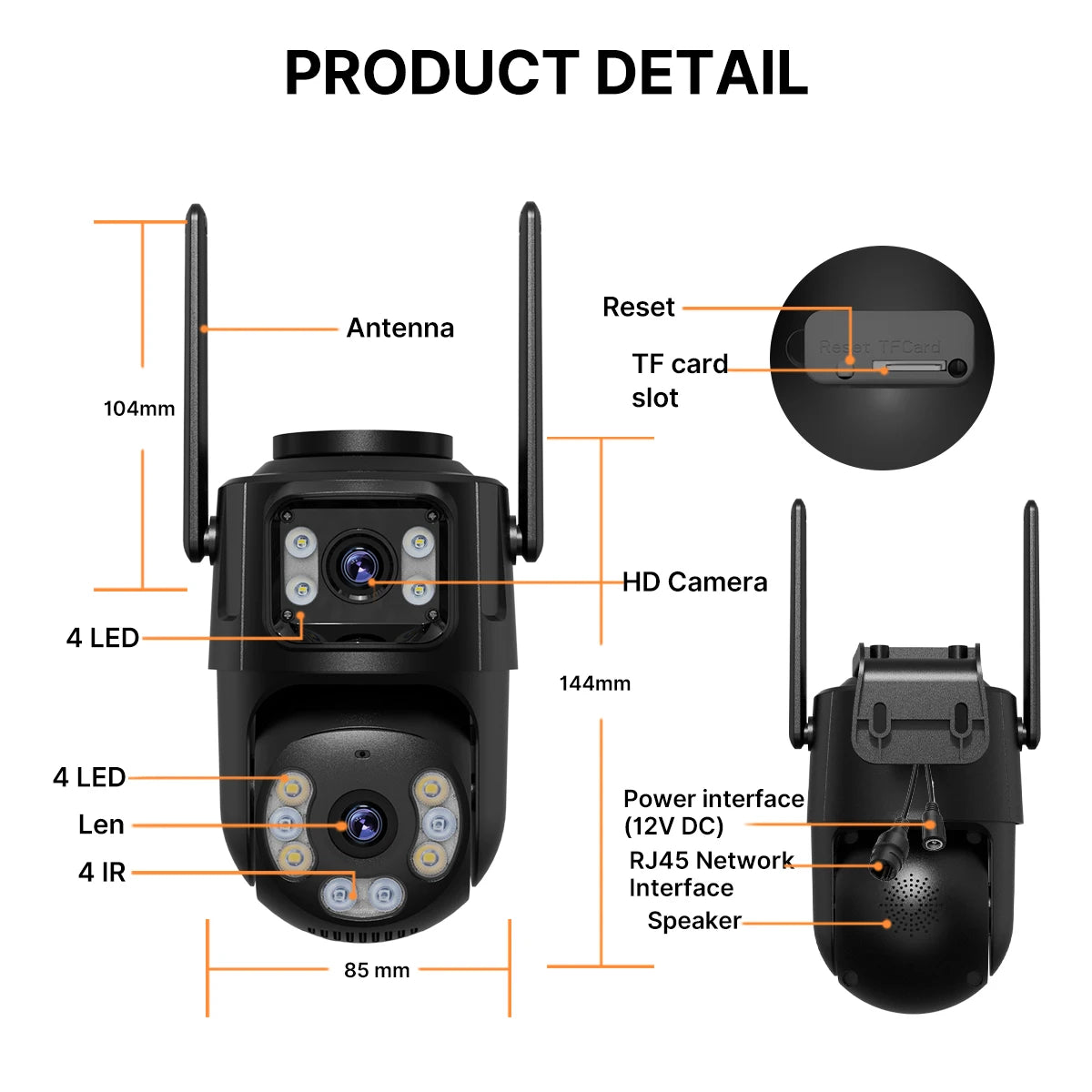 3-Lens 3-Screen WiFi IP Camera with Human Detection, PTZ, IP66 Waterproof