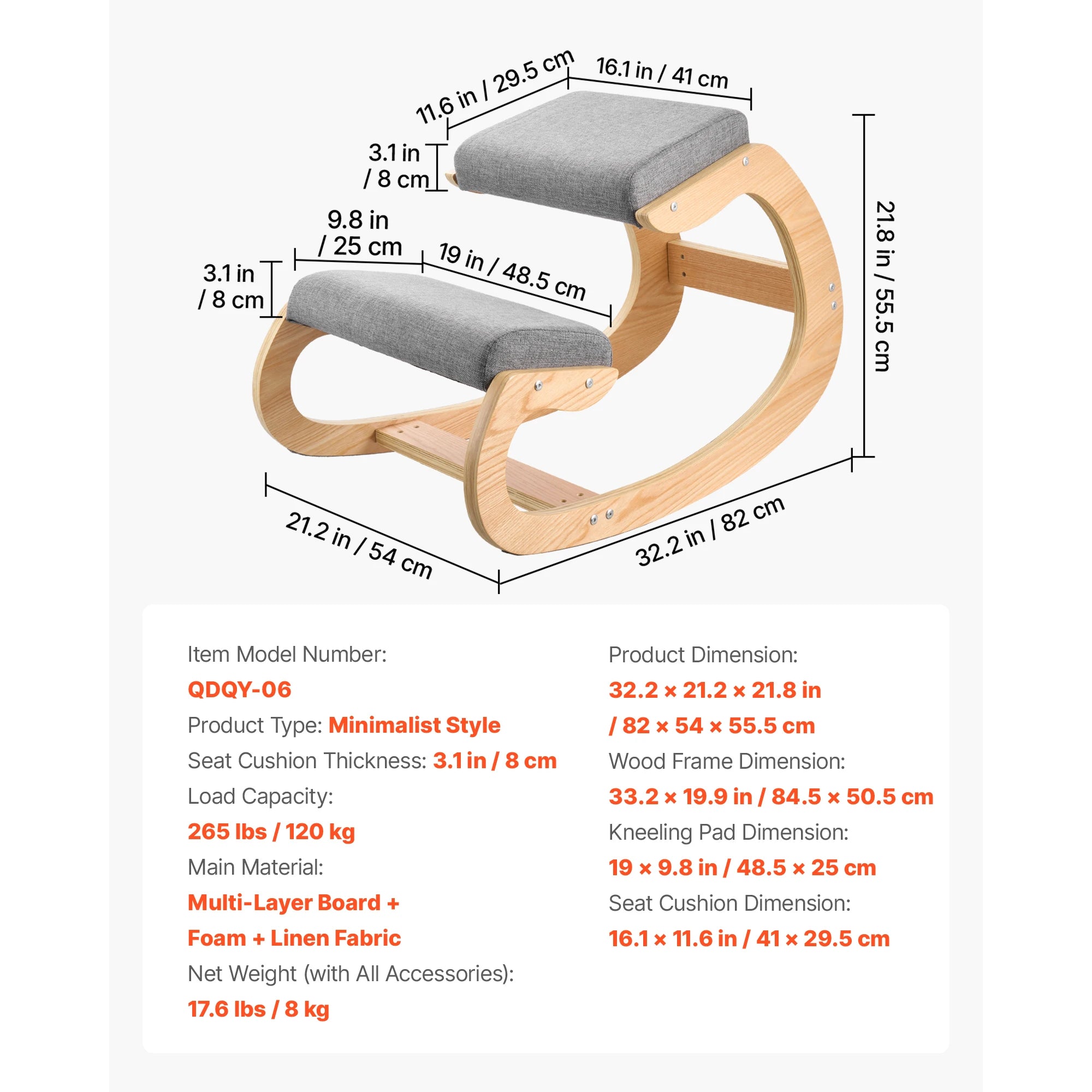 Sedia Ergonomica a Ginocchio con Struttura in Legno e Cuscini Spessi