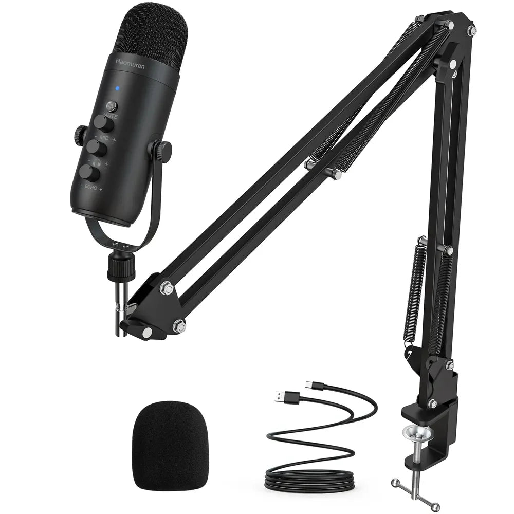 Haomuren Professional USB Streaming Podcast PC Microphone Studio Cardioid Condenser Mic Kit with Boom Arm For Recording YouTube 