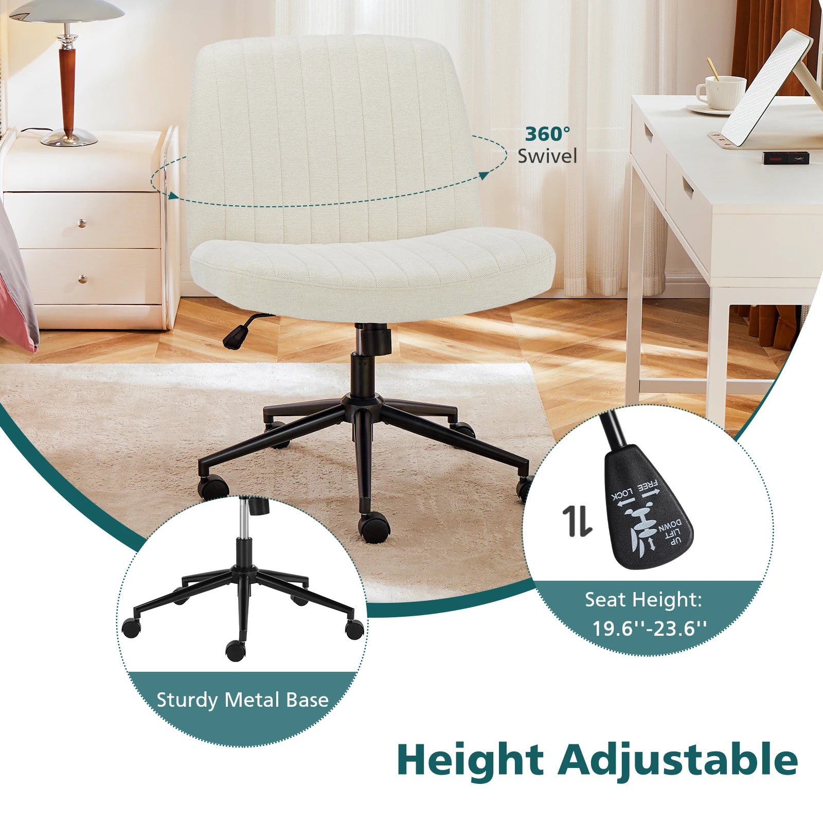 Wide Cross Legged Office Chair Armless Swivel Adjustable Desk Chair
