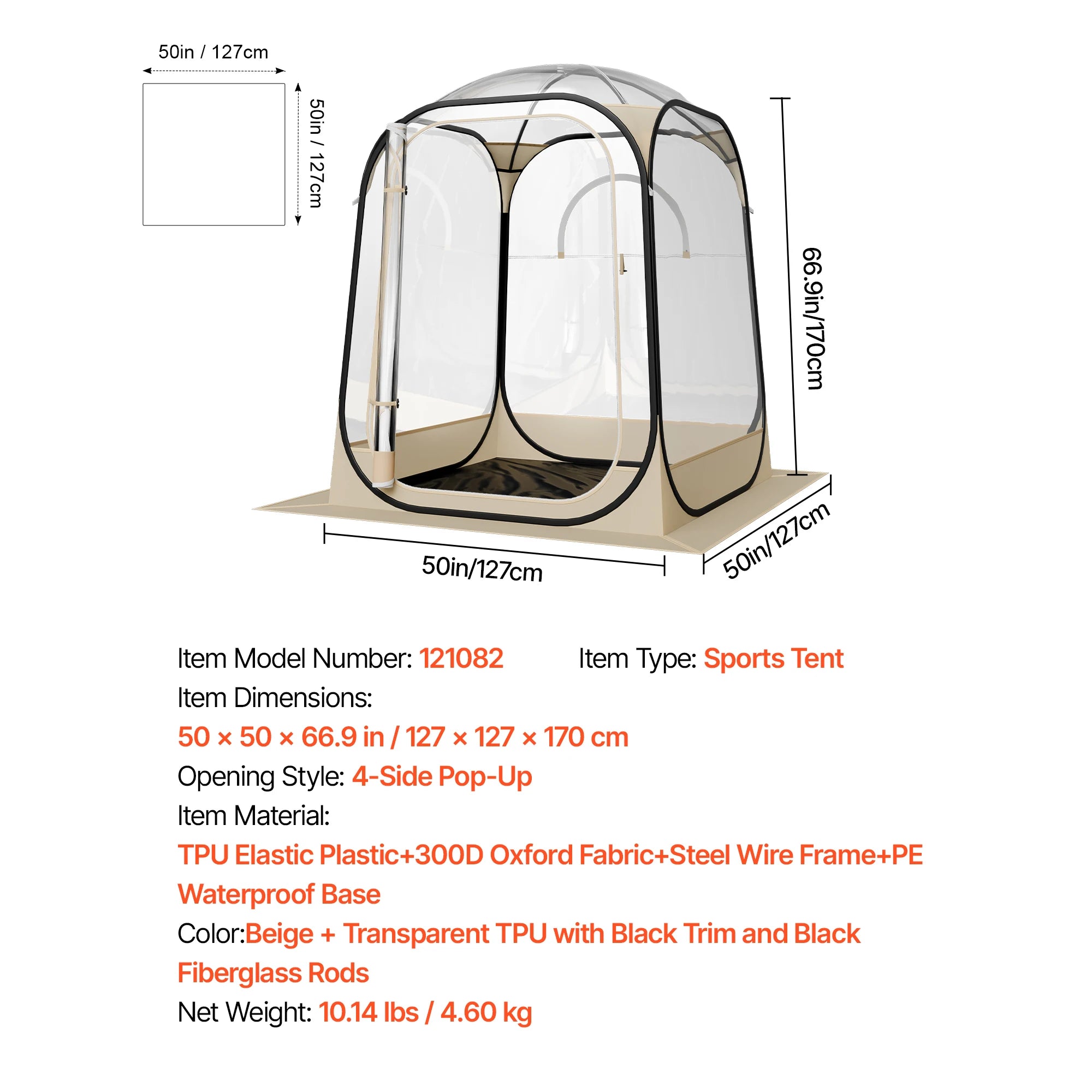 Tente de sport transparente pop-up étanche avec sol et couverture