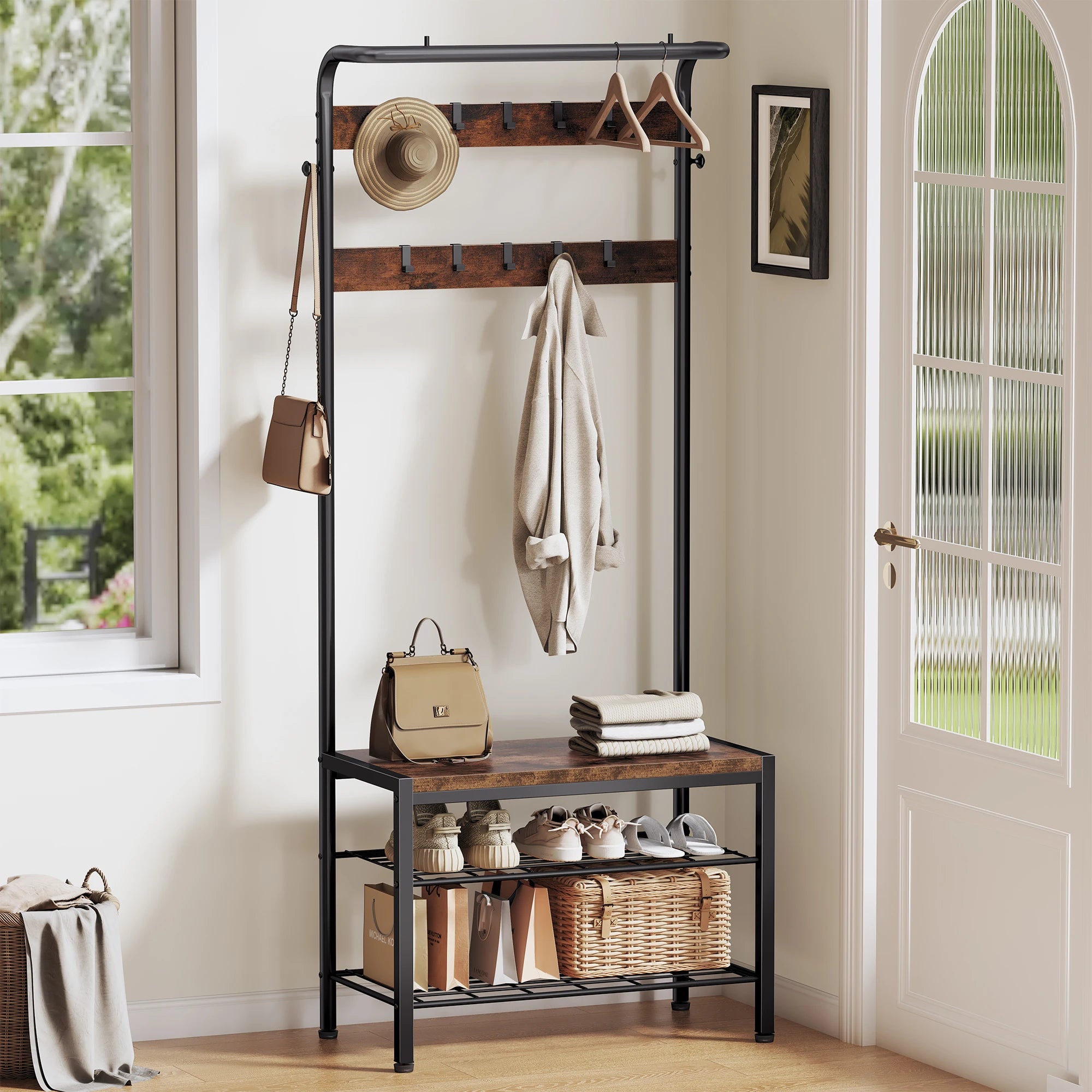 4-in-1 Entryway Coat Rack with Shoe Bench and Storage Hooks