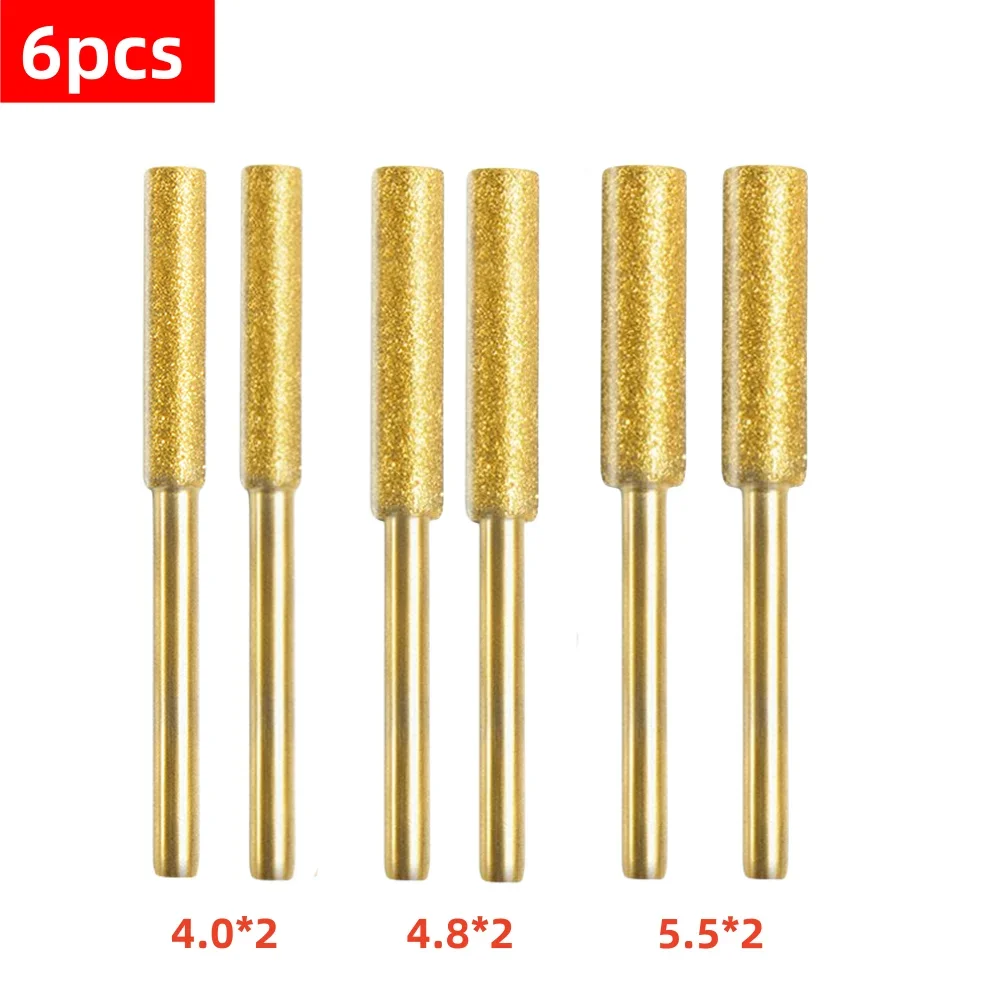 6pcs Diamond Coated Cylindrical Burr 4/4.8/5.5mm Chainsaw Sharpener Stone File Chain Sharpening Carving Grinding Tools Kits 