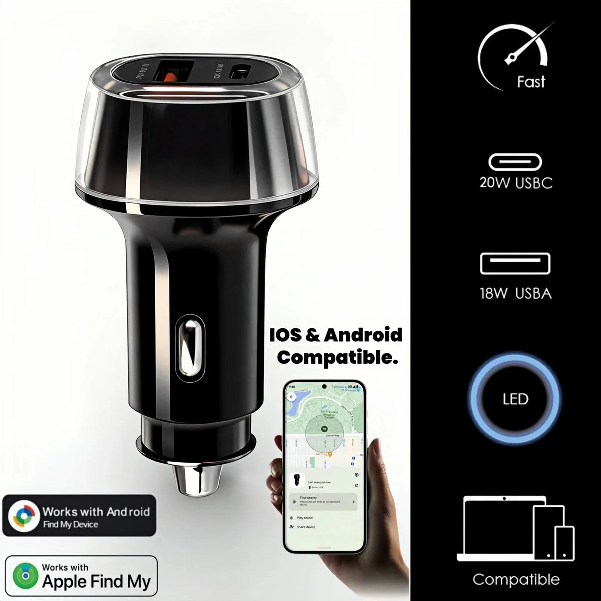 Car Charge GPS Locator Tracker 30W USB Phone Charger Fast Charging Type C QC3.0 Works with iOS Find My APP,Google,Android