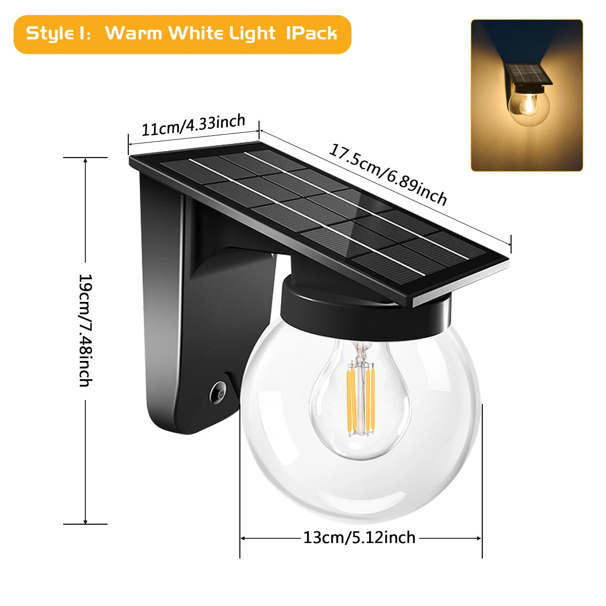 Lámpara solar de pared con bombilla LED E27, IP65, dos modos