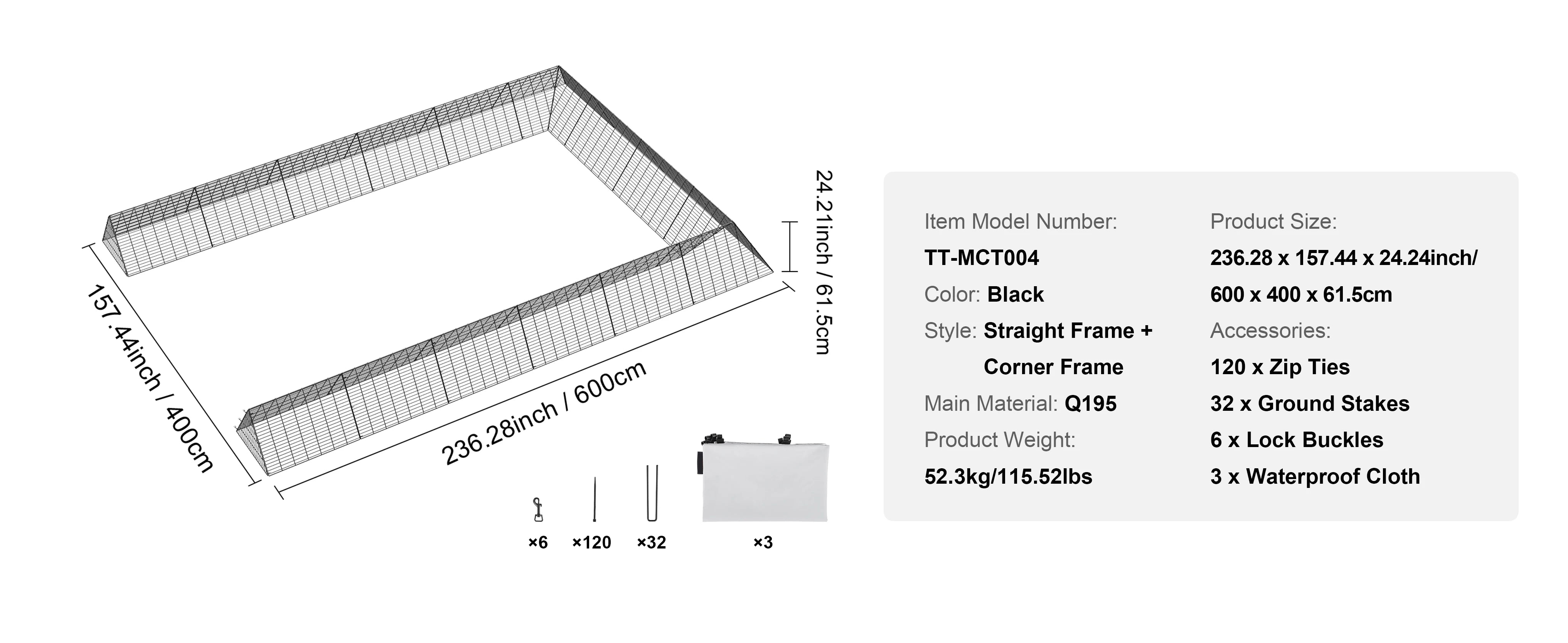 SucceBuy Hühner-Tunnel 157,5 x 39,4 x 24,2 in Hühner-Tunnel für den Hof Tragbare Hühner-Tunnel für Außen-Eckrahmen