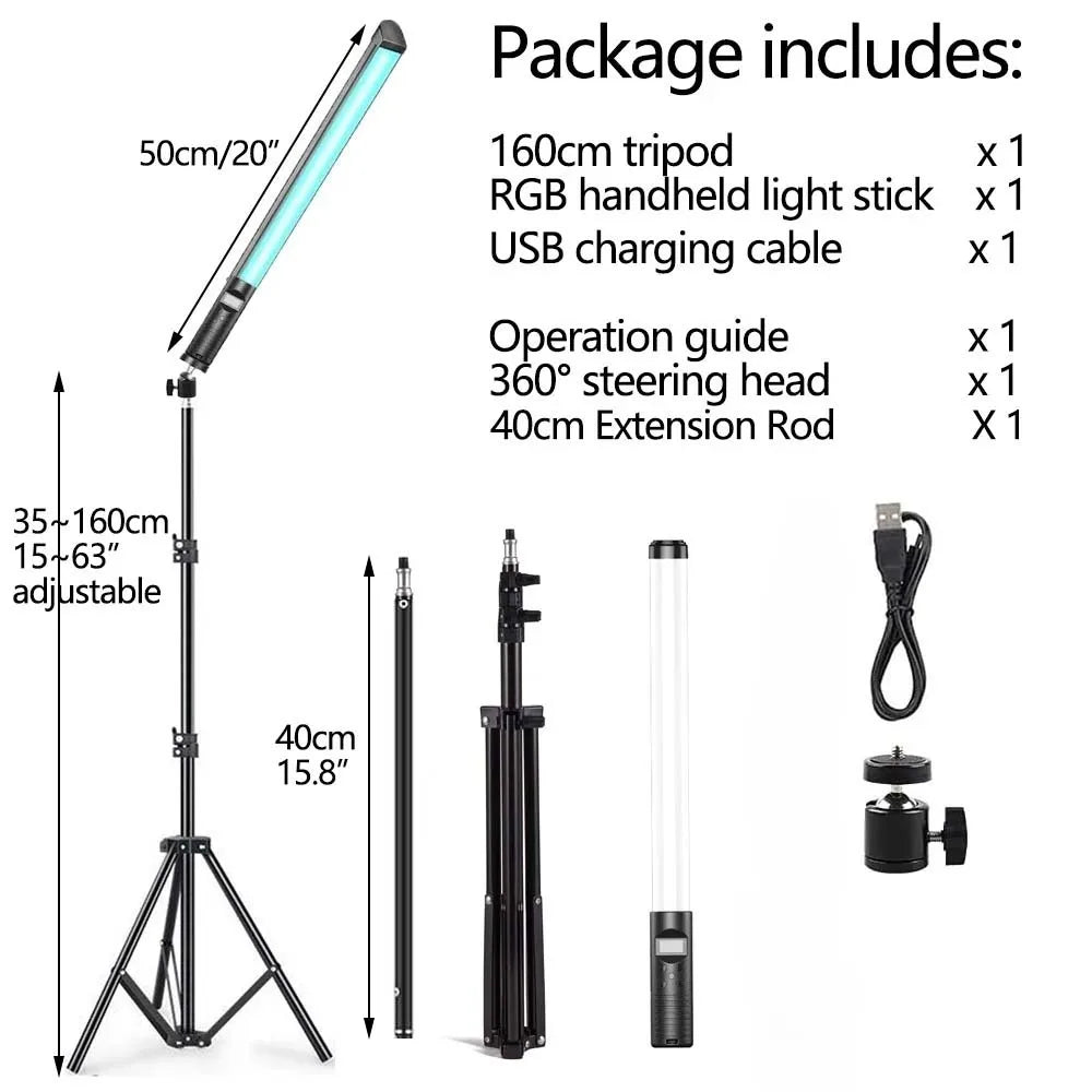 20"50cm Handheld Light Wand RGB LED Video Light Tube Light Photography Light Stick With Dimming Rechargeable Battery With Tripod 
