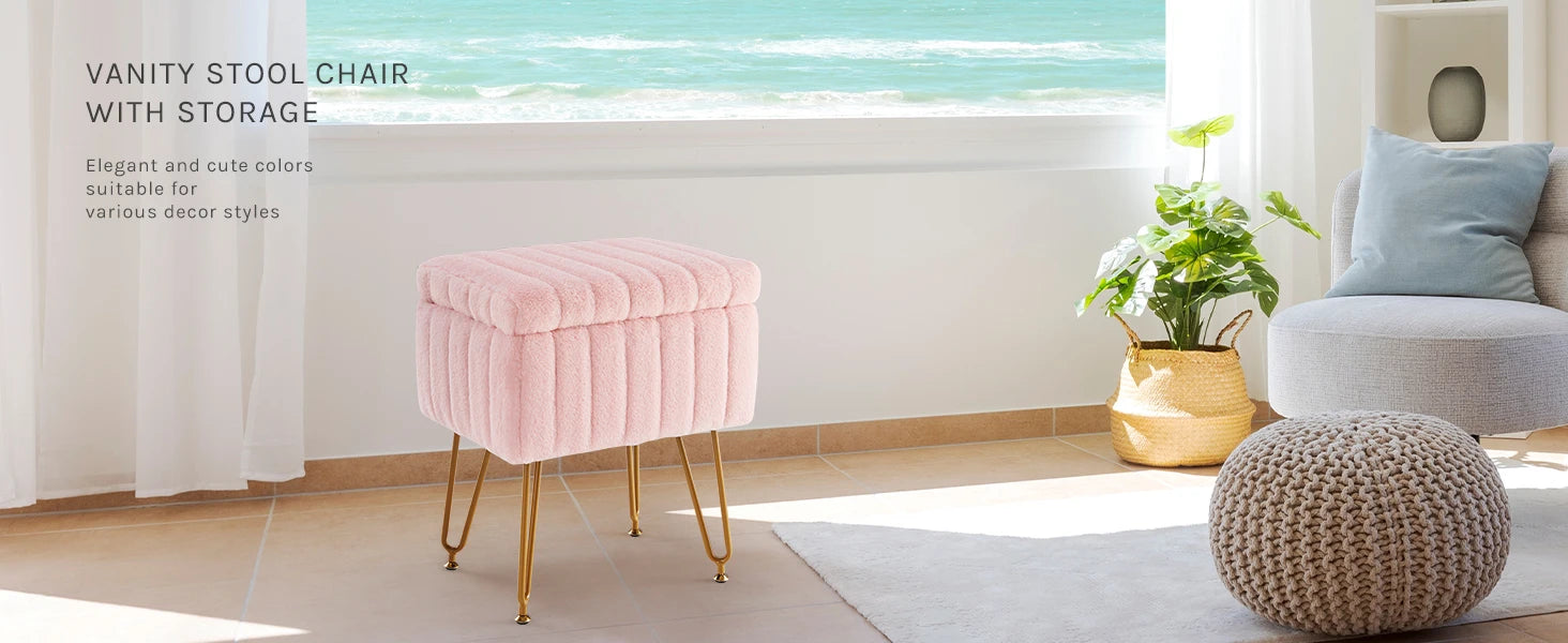 Faux Fur Storage Ottoman Stool with Hidden Compartment & Metal Legs