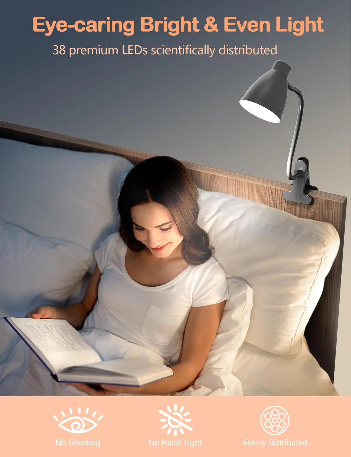 Clamp Desk Lamp, Clip on Reading Light, 3000K-6500K Adjustable Color Temperature Eye-Caring for Home Office Bedside Reading