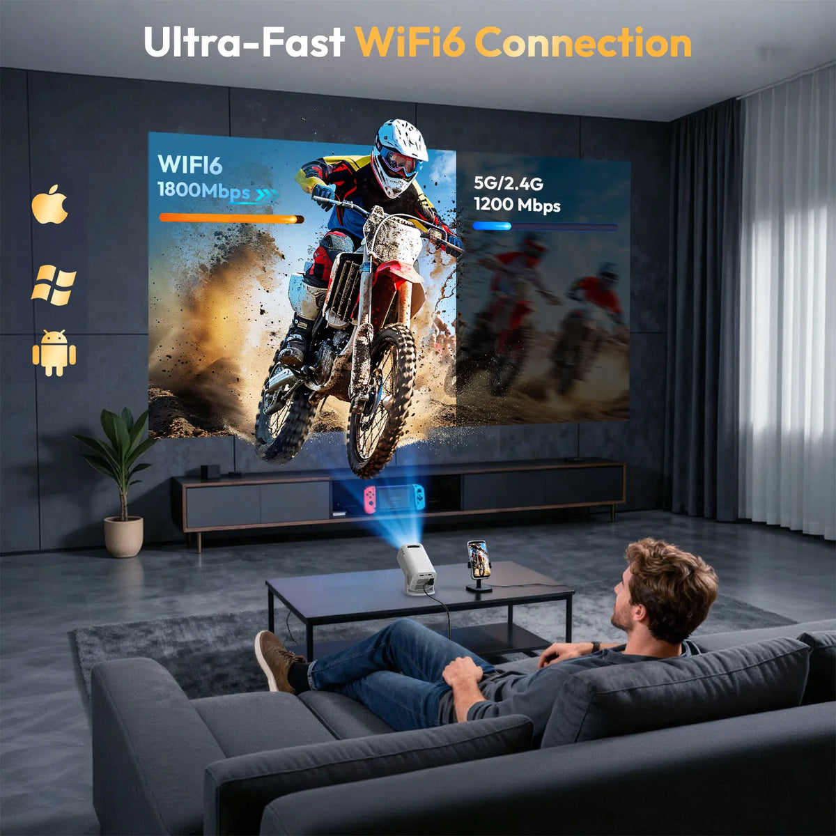 Portable Mini Projector 4K Input WiFi 6 Bluetooth 5.4