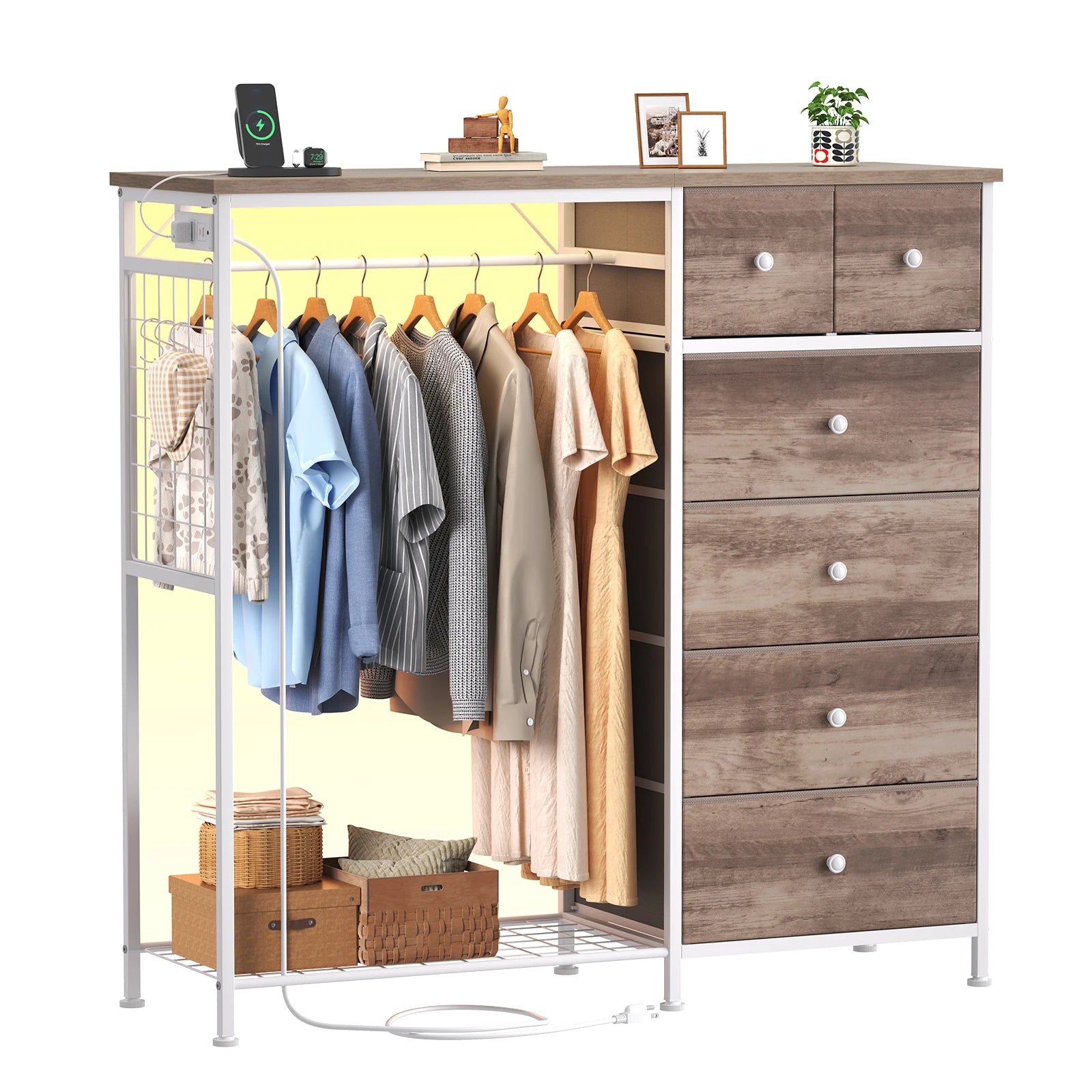 6-Drawer Fabric Dresser with Hanging Rack, LED Lights & Charging Station