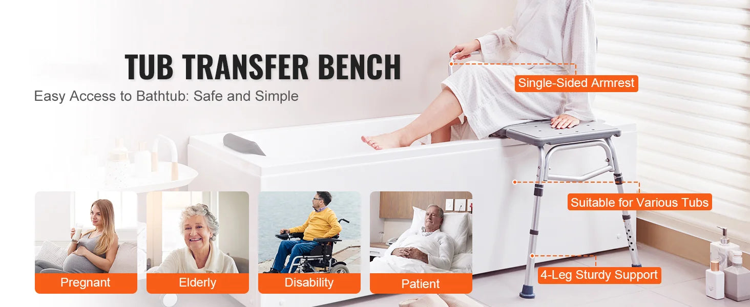 Tub Transfer Bench with Backrest & Armrest, Adjustable Non-Slip Shower Seat