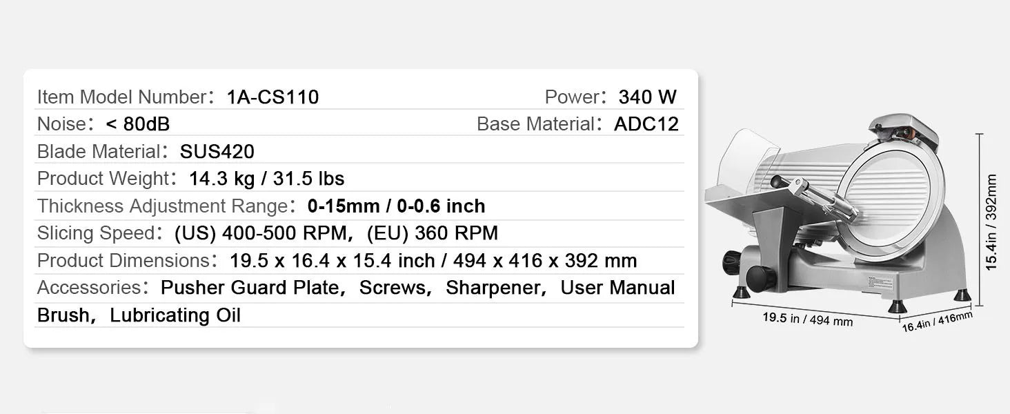 Elektrisk köttskärare med justerbar tjocklek 8" blad i kolstål