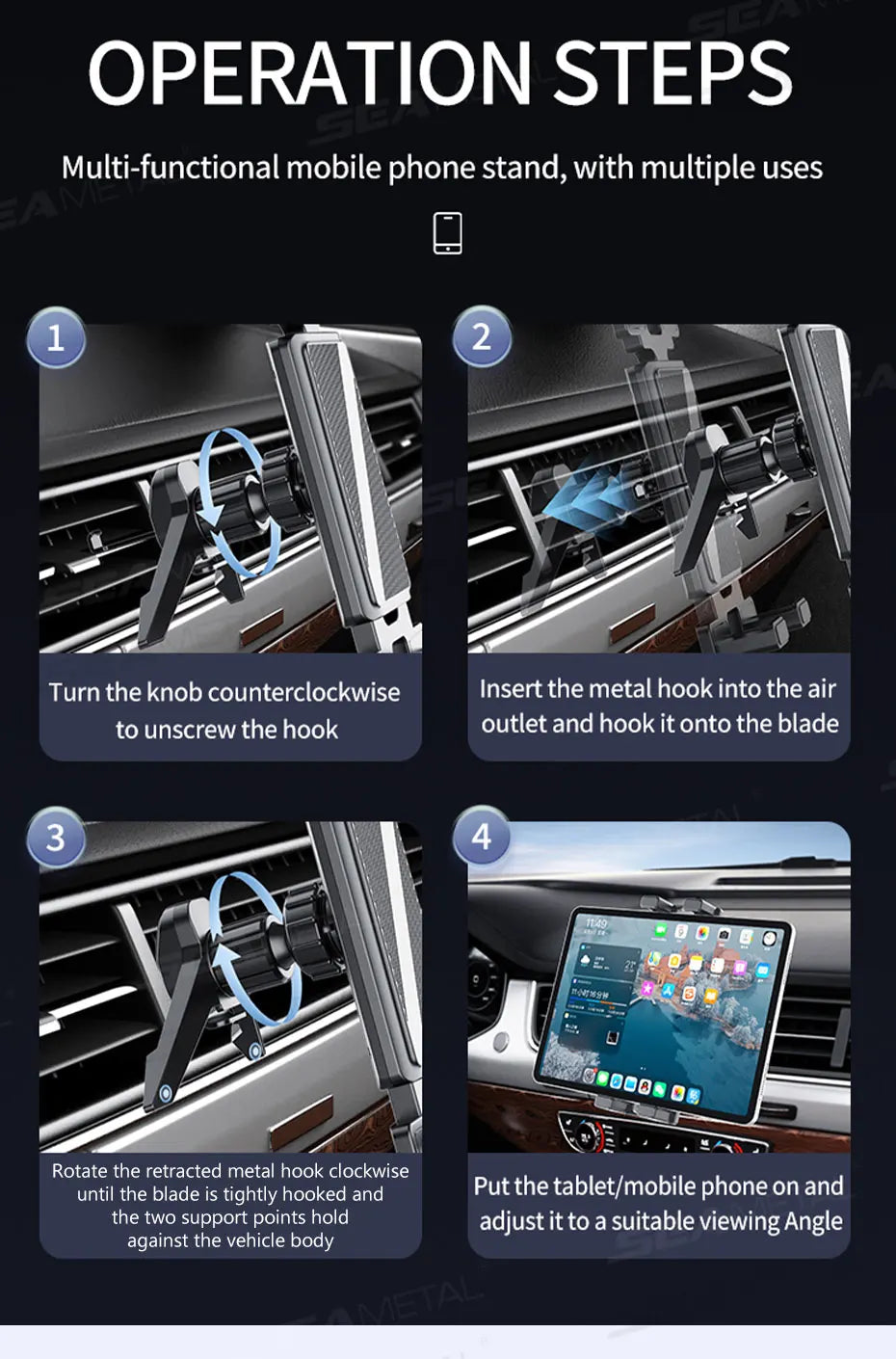 SEAMETAL Car Air Vent Tablet Holder Universal Air Outlet Phone Mount 360 Rotation Stable Phone Holder Universal for 4.7-12.9 in
