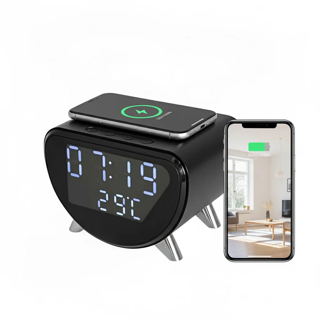 4K UHD WiFi Clock Camera, Indoor Surveillance with Motion Detection, Remote Real-Time View & Video Recording, Qi Wireless Charging Compatible, Suitable for Home Office Warehouse, Elegant Minimalist Design, TF Card Storage (No