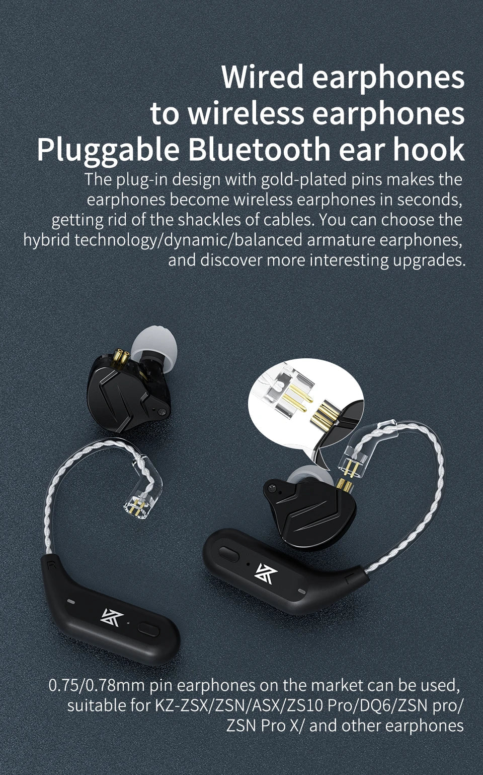 KZ AZ09 Wireless Upgrade Cable Bluetooth-compatible 5.2 HIFI Wireless Ear Hook C PIN Connector With Charging Case 