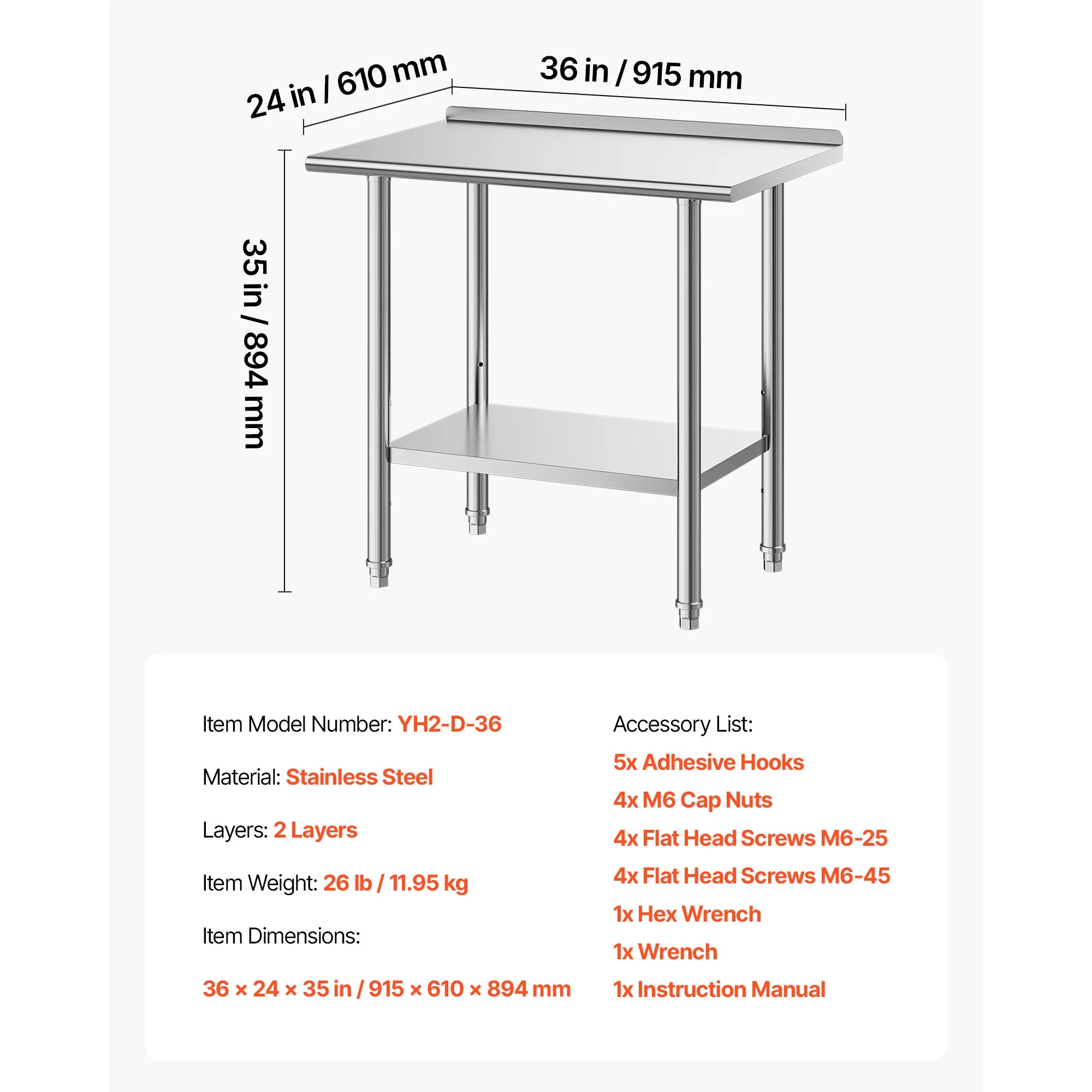 SucceBuy Stainless Steel Work Table with Backsplash Adjustable Undershelf Metal Utility Worktable for Restaurant Home Outdoor
