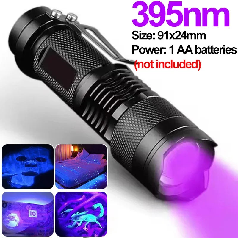 365/395nm UV Flashlight Zoomable Ultra Violet Torch Ultraviolet Lights for Pet Urine Stains Scorpions Fluorescent Agent Detector 
