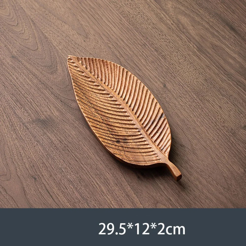 Walnut Round and Leaf Tea Tray, Retro Wooden Serving Platter