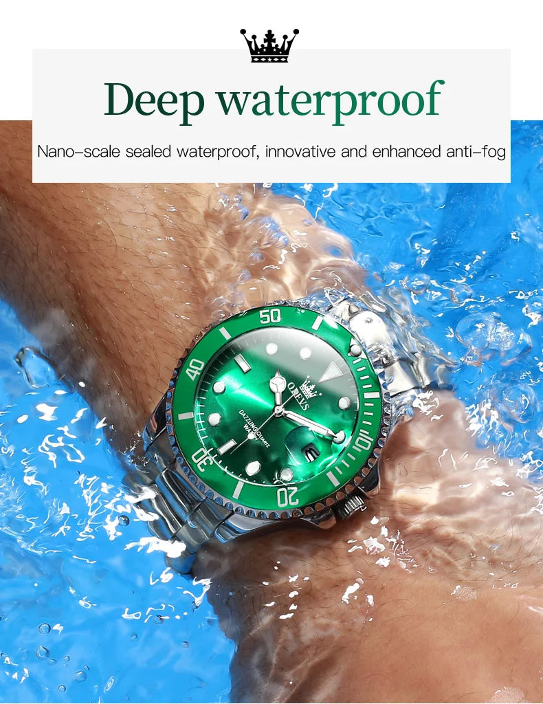 OLEVS Top Original Men Quartz Watch Green Waterproof Watch for Men Stainless Steel Quartz Men Luxury Watch Luminous Wristwatch 