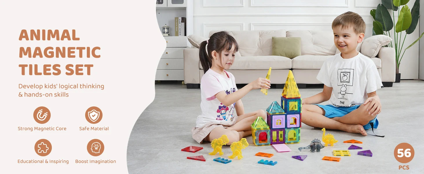 56PCS Magnetic Tiles Building Set with Dinosaur Figures for Kids