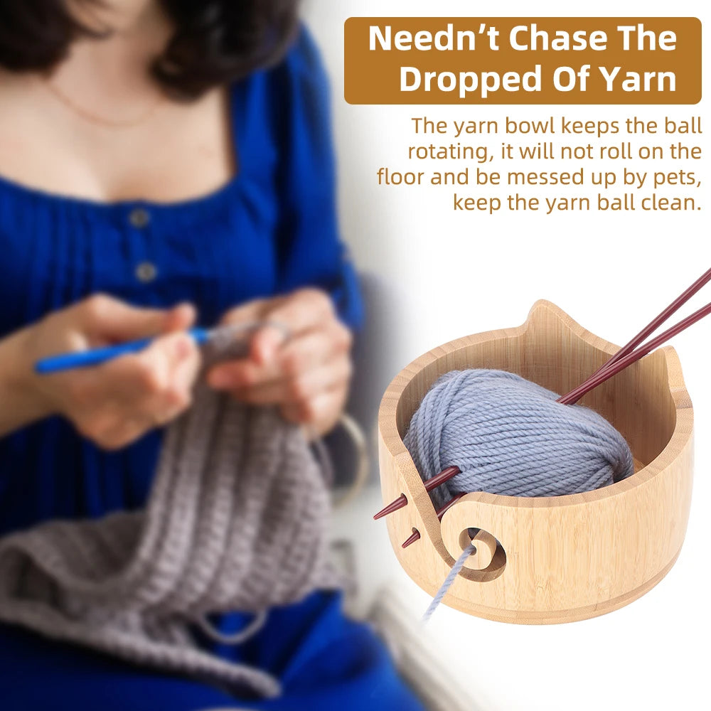 Wooden Cat-Ear Yarn Bowl